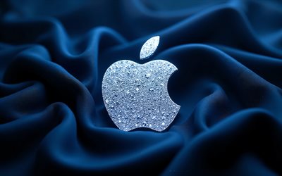 logotipo das gemas da apple, 4k, tecido de seda com ondas azuis, logotipo de cristais da apple, emblema da maçã, sinal de maçã, logotipo da maçã, maçã