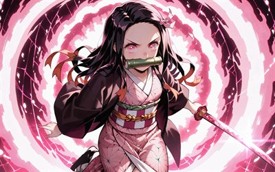 4k, nezuko kamado, anillos de fuego rosa, espada, asesino de demonios, kimono, protagonista, cazador de demonios kimetsu no yaiba, mordaza de bambú verde, manga, kamado nezuko, cazador de demonios, nezuko kamado kimetsu no yaiba