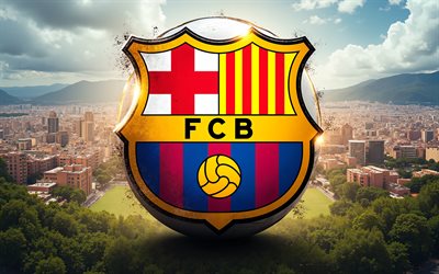 fc barcelonas logotyp, 4k, fc barcelonas emblem, barcelona stadsbild, katalansk fotbollsklubb, katalansk stadsbild, fc barcelona, katalonien, fotboll, barcelona logotyp, barcelona emblem, barcelona