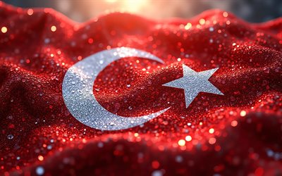 4k, funkelnde flagge der türkei, makro, tag der türkei, bokeh, flagge der türkei, türkische flagge, türkei flagge, gewellte flagge aus türkischem stoff, kreative kunst, truthahn