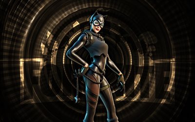 mulher gato zero fortnite, 4k, fundo espiral marrom, fortnite, criativo, pele zero mulher gato, skin mulher gato zero fortnite, mulher gato zero, personagens fortnite