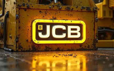 4k, logo lumineux jcb, créatif, fond en métal jaune, logo jcb en métal, oeuvre d'art, logo jcb 3d, logo jcb, marques de voitures, jcb