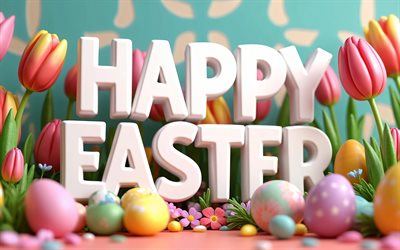 Happy Easter, 4k, bokeh, tulips, Easter eggs, flowers, Easter frames, Easter decorations, Easter backgrounds, Happy Easter inscription, Easter