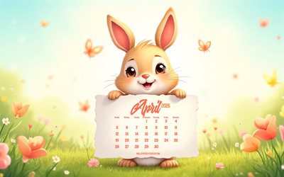 kalender april 2026, 4k, cartoon hase, ostereier, hase mit kalender, flauschiges, süßes cartoon häschen, april kalender, konzepte für 2026, april kalender 2026, frühlingshintergrund, ostern