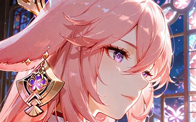 4k, yae miko, vidrieras, de cerca, impacto de genshin, noche, ojos violetas, obra de arte, manga, protagonista, personajes de impacto de genshin, paraguas, guuji, impacto de yae miko genshin