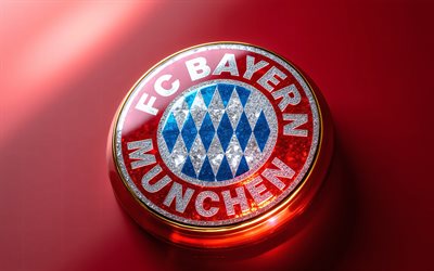 glaslogo des fc bayern münchen, roter metallhintergrund, glasemblem des fc bayern münchen, logo des fc bayern münchen, deutschland, fußball, fc bayern münchen, bayern münchen logo, bayern münchen