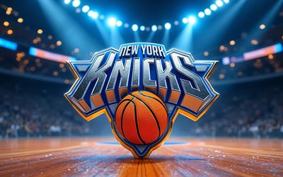 new york knicks 3d logotyp, 4k, basketstadion bakgrund, nba, kreativ, basketboll, new york knicks logotyp, new york knicks emblem, kanadensiska basketlag, new york knicks, ny knicks