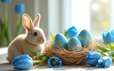 uova di pasqua blu con ornamenti, coniglietto di pasqua, buona pasqua, concetti pasquali, uova di pasqua blu, decorazioni pasquali, pasqua, tulipani blu, primavera