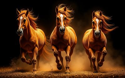 Herd of brown horses, 4K, three horses running, brown horses, horses in the dark, desert, sand, beautiful horses, running brown horses, herd, horses