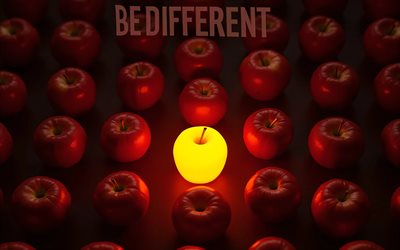 4k, Be different, glowing yellow apple, darkness, yellow apple among red ones, Be different concepts, Be different inscription, artwork, Be different art