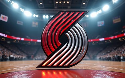 3d logo der portland trail blazers, 4k, hintergrund des basketballstadions, nba, kreativ, basketball, logo der portland trail blazers, metalllogo der portland trail blazers, amerikanisches basketballteam, portland trail blazers