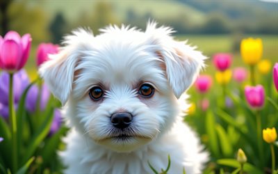 chiot maltais, 4k, printemps, bokeh, chiens, animaux mignons, chiots, animaux de compagnie, maltais, fleurs de printemps, chiot sur la pelouse, chien maltais