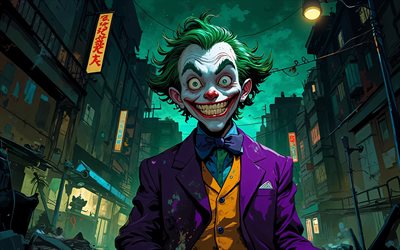 4k, joker sonriente, noche, cielo verde, fondo verde grunge, arte de dibujos animados, supervillano, bromista, arte abstracto, comodín 4k, creativo, arte del comodín