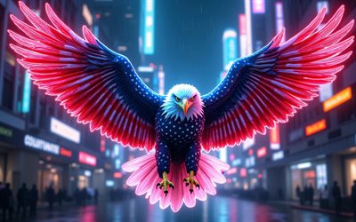 4k, águila calva volando, noche, bandera estadounidense en alas, ciberpunk, bandera de estados unidos, aves de presa, águila calva, símbolo de los eeuu, arte del águila calva, bandera americana, 4 de julio, águilas, eeuu, cuatro de julio