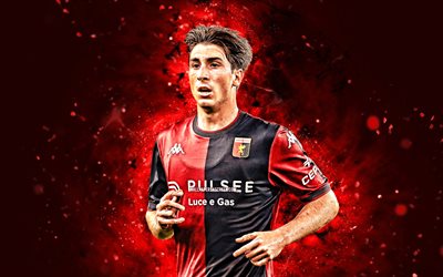 Fabio Miretti, 4k, red neon lights, Genoa, Serie A, Italian footballers, Fabio Miretti 4K, football, soccer, Genoa CFC, Genoa FC, Fabio Miretti Genoa