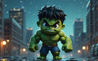 ponton, 4k, super héros, art de chibi, comics marvel, hulk chibi, nuit, art 3d, hulk 3d, fan art, hulk 4k