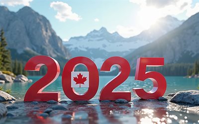 4k, 2025 canada, 3d art, canada 2025 cifre, montagna, montagne rocciose canadesi, canada 2025, arte creativa, 2025 concetti, bandiera canadese, 2025 cifre 3d, canada, bandiera del canada