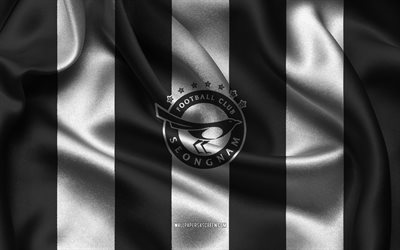 4k, seongnam fc logo, schwarzer weißer seidenstoff, südkoreanische fußballmannschaft, seongnam fc emblem, k league 2, seongnam fc, südkorea, fußball
