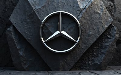 Mercedes-Benz metal logo, 4k, black stone backgrounds, creative, cars brands, Mercedes-Benz 3D logo, Mercedes-Benz logo, Mercedes logo, Mercedes-Benz, Mercedes