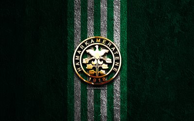 hamarkameratene golden logo, 4k, grüner steinhintergrund, eliteserien, norwegischer fußballverein, hamarkameratene logo, fußball, hamarkameratene emblem, hamarkameratene, hamarkameratene fc