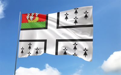 Nantes flag on flagpole, 4K, French cities, blue sky, flag of  Nantes, wavy satin flags, Nantes flag, cities of France, flagpole with flags, Day of Nantes, France, Nantes