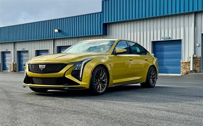 2025, cadillac ct5 v blackwing, 4k, vista frontale, esterno, gold cadillac ct5 v, nuovo blackwing ct5 v gold, auto americane, cadillac