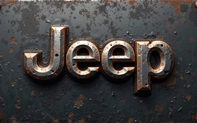 4k, jeep metal logo, fundo do grunge de metal, jipe, arte grunge, emblema do jipe, carros americanos, textura do grunge de metal, logotipo jeepr 3d