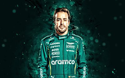 fernando alonso, 4k, luces de neón turquesa, equipo de aston martin f1, fórmula 1, pilotos de carreras españolas, fernando alonso 4k, fórmula uno, f1, fernando alonso aston martin