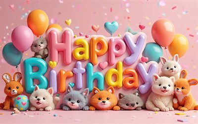 4k, お誕生日おめでとう, 3dカラフルなアート, お誕生日おめでとうございます, 3d漫画動物, お誕生日おめでとうコンセプト, 誕生日の3dの背景, 誕生日グリーティングカード, 誕生日の背景