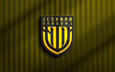 4k, Jeonnam Dragons 3D logo, K League 2, yellow 3D background, soccer, Jeonnam Dragons emblem, Jeonnam Dragons logo, Jeonnam Dragons, football, South Korean football club, Jeonnam Dragons FC