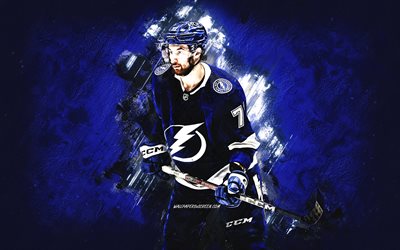 Anthony Cirelli, Tampa Bay Lightning, blue stone background, Canadian hockey player, NHL, USA, hockey, Canada