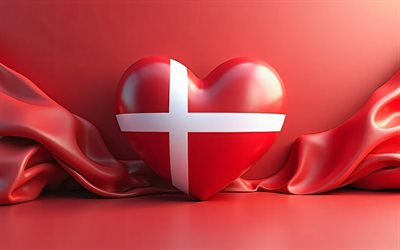I Love Denmark, 4k, red 3D waves, 3D art, creative, Day of Denmark, flag of Denmark, heart with Danish flag, 3D hearts, Danish flag, Denmark, Love for Denmark