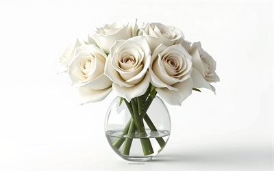 4k, bouquet di rose bianche, sfondo bianco, rose bianche, fiori 3d, rose 3d, bouquet roses, fiori bianchi, rose, sfondo con rose bianche
