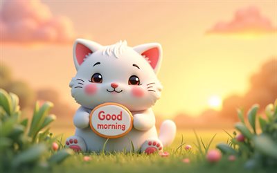 buen día, 4k, dibujos animados de gato blanco, arte 3d, amanecer, burbujas de habla, buenos días deseos, verano, mascotas, gatos, gato blanco, gatos de dibujos animados, conceptos de buenos días