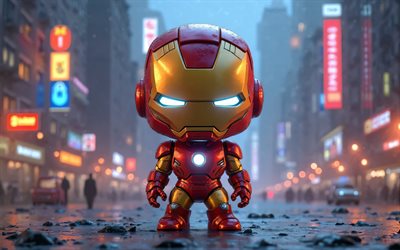 4k, Iron Man, night, superheroes, chibi art, Marvel Comics, Iron Man chibi, street, 3D art, Iron Man 3D, fan art, Iron Man 4K
