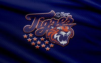 tigres de quintana roo kumaş logosu, 4k, mavi kumaş arka plan, lmb, bokh, beyzbol, tigres de quintana roo logosu, tigres de quintana roo amblemi, meksika beyzbol takımı, tigres de quintana roo