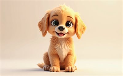 4k, netter 3d golden retriever, cartoon 3d golden retriever, süße tiere, golden retriever, 3d  tiere, cartoon 3d  tiere, lustiger golden retriever, little golden retriever, orangefarbener hintergrund