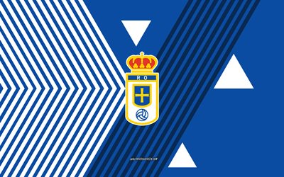 real logo oviedo, 4k, équipe de football espagnole, fond de lignes blanches bleues, vraie oviedo, segunda, espagne, ligne d'art, vrai emblème d'oviedo, football