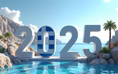 4k, 2025 Greece, sea, summer, Greece 2025 digits, 3d art, travel to Greece in 2025, Greek flag, 2025 3d digits, summer 2025 in Greece, Greek islands, Flag of Greece, 2025 concepts