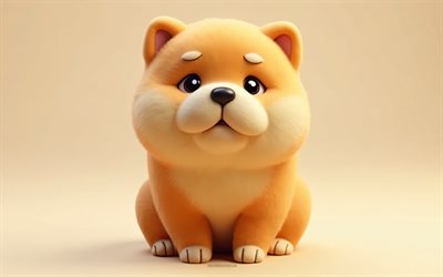 4k, 귀여운 3d 차우 차우, 만화 3d 차우 차우, 귀여운 동물, 차우 차우, 3d 동물, 만화 3d 동물, 재미있는 차우 차우, 작은 차우 차우, 오렌지 배경