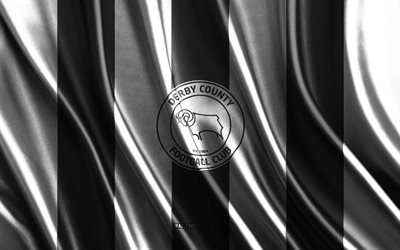 4k, derby county fc logo, campionato, consistenza della seta bianca nera, derby county fc flag, squadra di calcio inglese, calcio, bandiera di seta, emblema fc della contea di derby, inghilterra, derby county fc badge, derby county fc