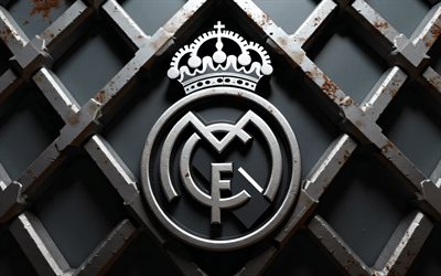 4k, logotipo de metal de real madrid, creativo, laliga, fútbol, logotipo del real madrid, fondo de cuadrícula de metal, fútbol americano, logotipo 3d del real madrid, club de fútbol español, emblema del real madrid, real madrid cf, real madrid fc