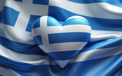 ich liebe griechenland, 4k, seidenwellenhintergrund, 3d  kunst, kreativ, tag griechenlands, flagge von griechenland, herz mit griechischer flagge, 3d  herzen, griechische flagge, griechenland, liebe zu griechenland