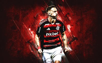 Leo Ortiz, Flamengo, Brazilian football player, red stone background, grunge art, Brazil, football, Leonardo Rech Ortiz, Leo Ortiz Flamengo