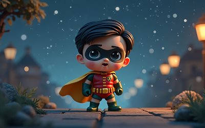 남자 이름, 4k, 슈퍼 히어로, chibi art, dc 만화, 로빈 치비, 밤, 3d 아트, 로빈 3d, 팬 아트, 로빈 4k