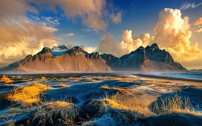 vestrahorn, montagne, costa, tramonto, bella natura, stokksnes, islanda, europa