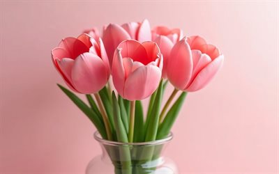 4k, bouquet di tulipani rosa, sfondo rosa, tulipani rosa, fiori 3d, tulipani 3d, bouquet di tulips, fiori rosa, tulipani, sfondo con tulipani rosa, tulipani rosa 3d