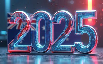2025 austrália, dígitos de vidro 3d, 4k, austrália 2025 dígitos, austrália 2025 conceitos, 3d art, bandeira da austrália, 2025 dígitos 3d, austrália, viajar para a austrália