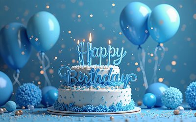Happy Birthday, 4k, creative 3d art, Birthday blue background, Happy Birthday 3d blue inscription, blue birthday cake, Happy Birthday greetings, Happy Birthday greeting card