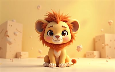 4k, netter 3d  löwe, cartoon 3d waschbär, süße tiere, löwe, 3d  tiere, cartoon 3d  tiere, lustiger löwe, kleiner löwe, orangefarbener hintergrund